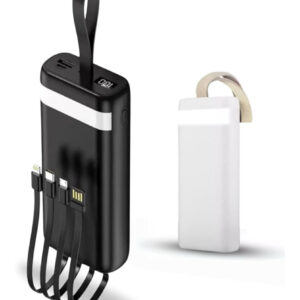 Carregador Portátil Power Bank 20000 mAh Turbo Carregamento Rápido 3.1A, Powerbank com 4 cabos Integrados (USB-C, USB, Lightning) Led Bateria, Lanterna