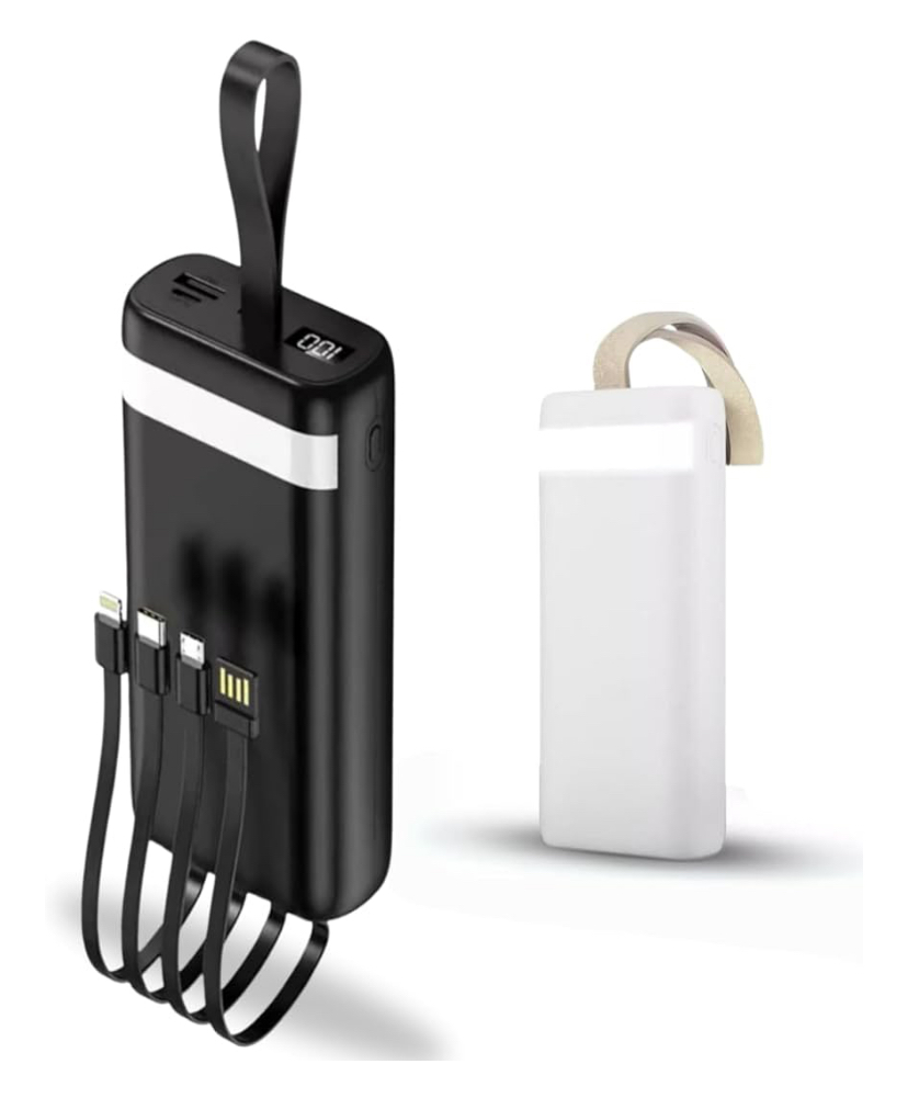 Carregador Portátil Power Bank 20000 mAh Turbo Carregamento Rápido 3.1A, Powerbank com 4 cabos Integrados (USB-C, USB, Lightning) Led Bateria, Lanterna